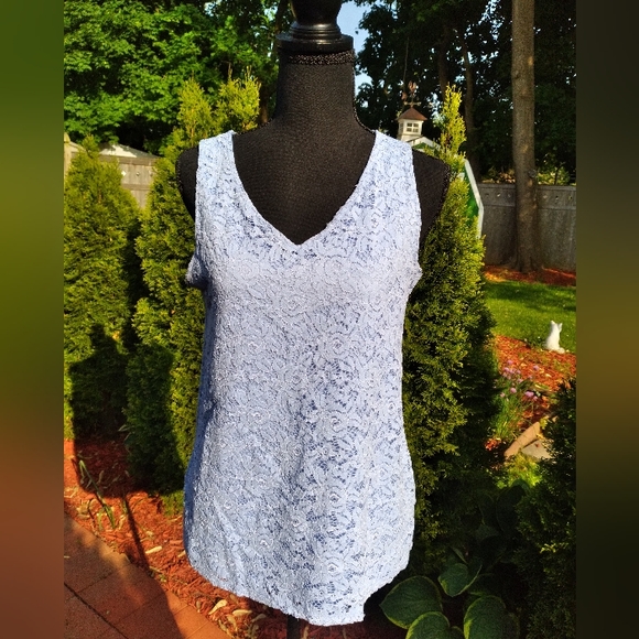 Ellen Tracy MEDIUM  Company V-neck Lace HiLo Stretch Top - Lavendar - Picture 6 of 13